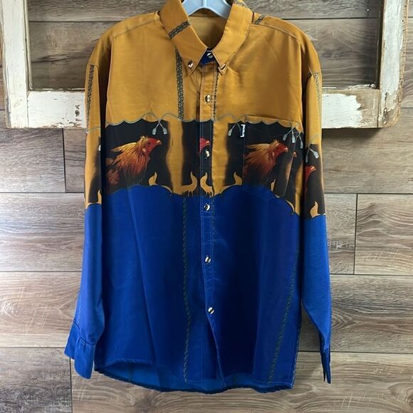 MICHELIN Mens Western Roper Country Rooster Graphic Dress Shirt Blue Gold Red - Picture 4 of 8
